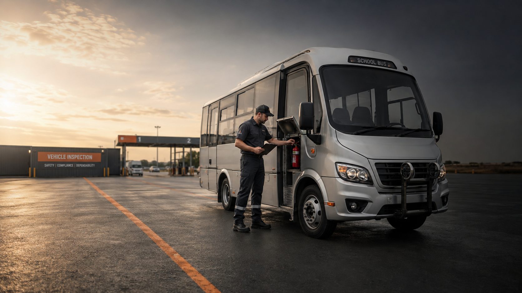 Frota de ônibus e micro-ônibus de transporte público alinhados em garagem, perspectiva diagonal, tons laranja e azul-escuro, fotografia realista